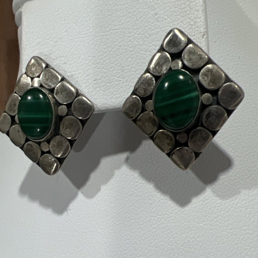 Vintage Malachite Sterling 925 Silver 3/4 Inch Earrings - Picture 3 of 7